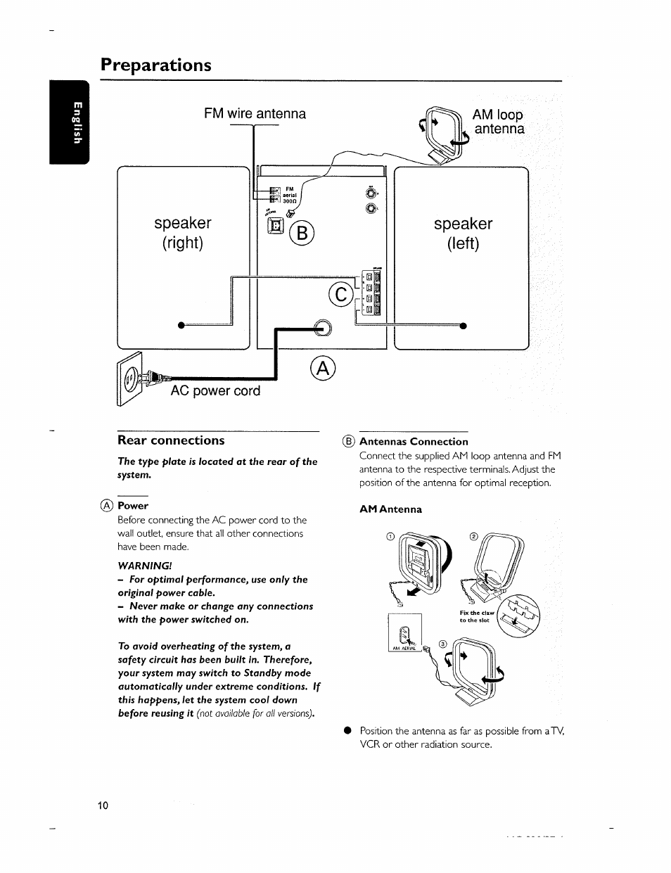 Rear connections, Preparations | Philips MC-320-37 User Manual | Page 10 / 24