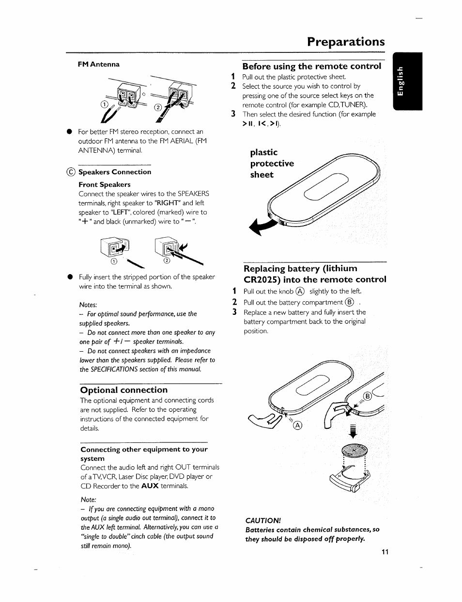 Optional connection, Before using the remote control, Plastic protective sheet | Replacing battery (lithium cr2025) into the, Remote control, Preparations, 12 before using the remote control | Philips MC-320-37 User Manual | Page 11 / 24
