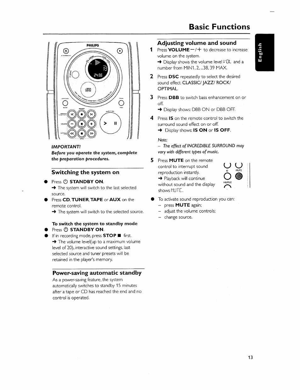 Switching the system on, Power-saving automatic standby, Basic functions | Adjusting volume and sound | Philips MC-320-37 User Manual | Page 13 / 24