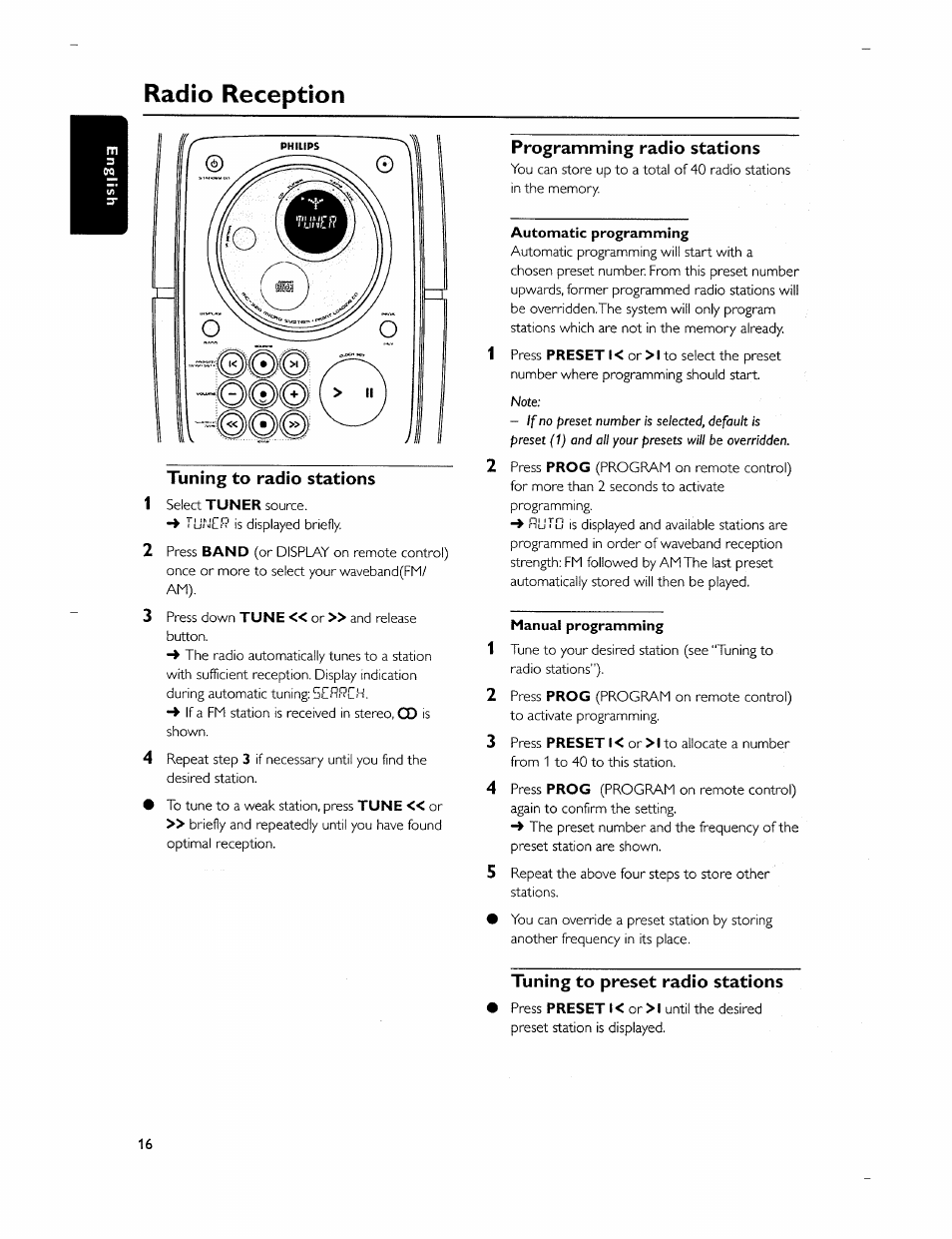 Tuning to radio stations, Programming radio stations, Tuning to preset radio stations | Radio reception | Philips MC-320-37 User Manual | Page 16 / 24