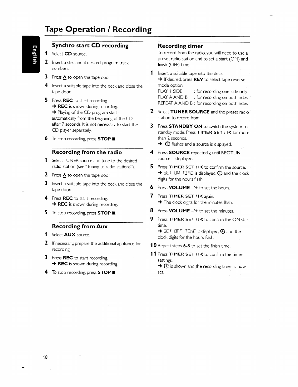 Synchro start cd recording, Recording from the radio, Recording from aux | Recording timer, Recording from the aux, Tape operation / recording | Philips MC-320-37 User Manual | Page 18 / 24