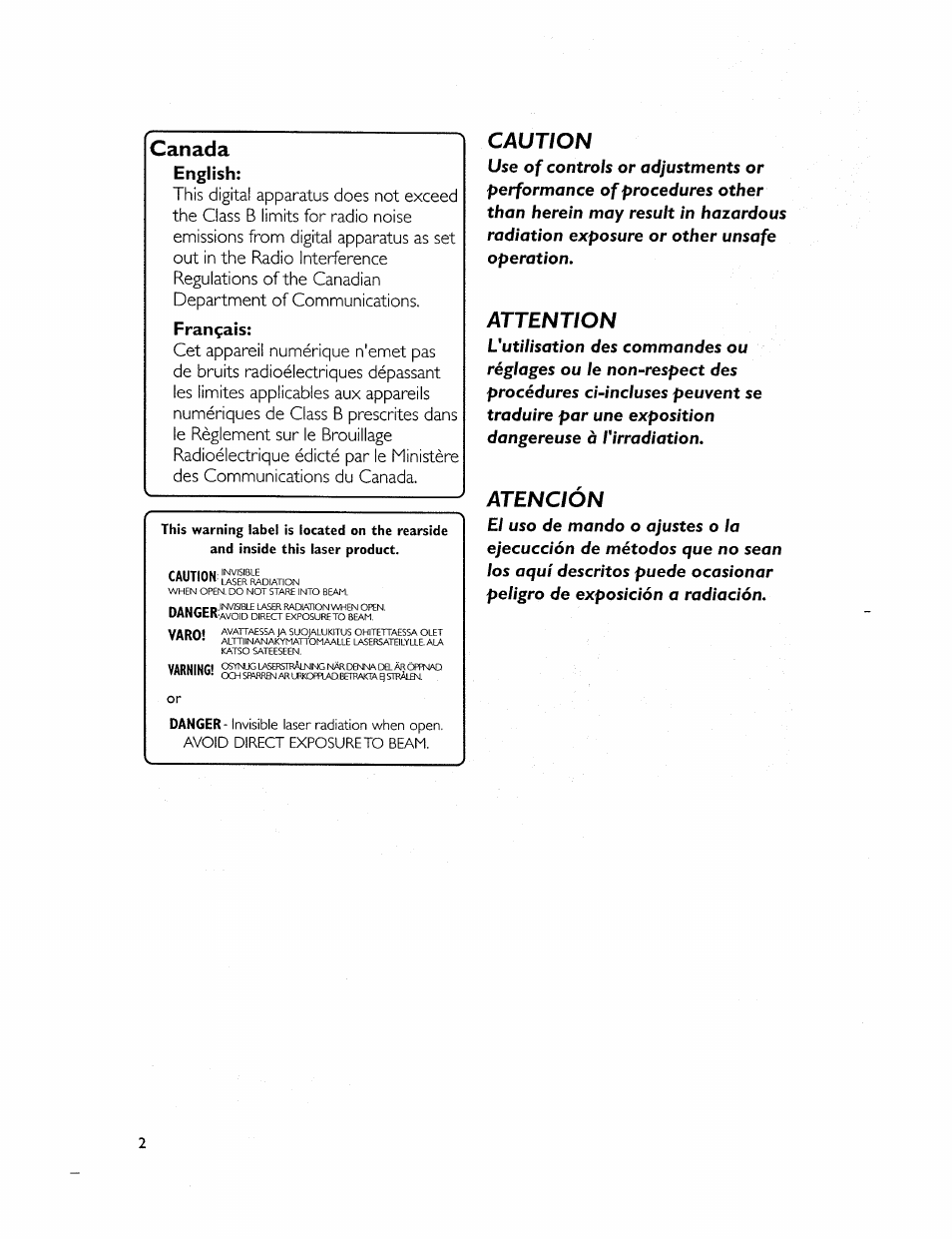 Caution, Attention, Atención | Canada, English, Français | Philips MC-320-37 User Manual | Page 2 / 24