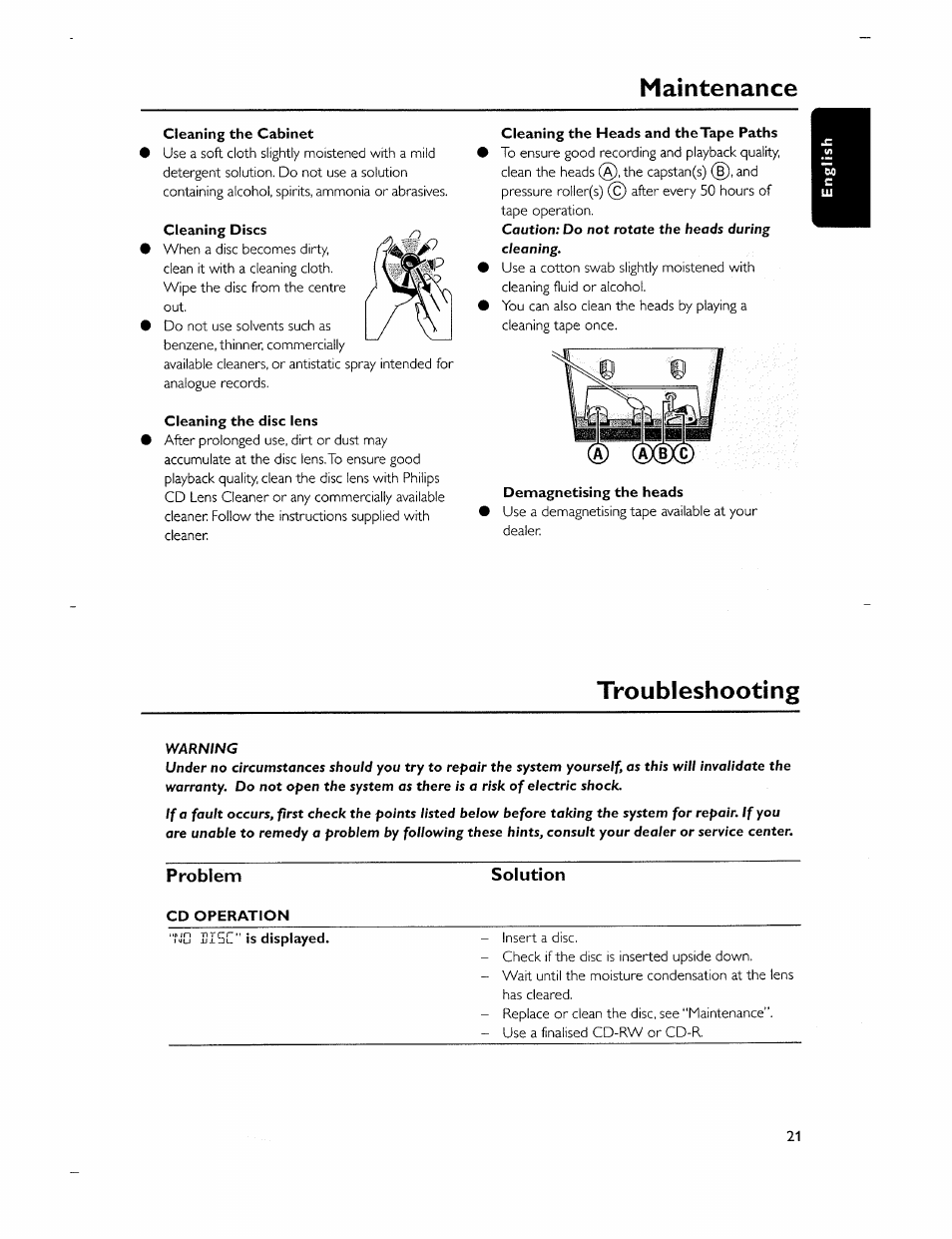 Problem, Maintenance, Troubleshooting | Problem solution | Philips MC-320-37 User Manual | Page 21 / 24