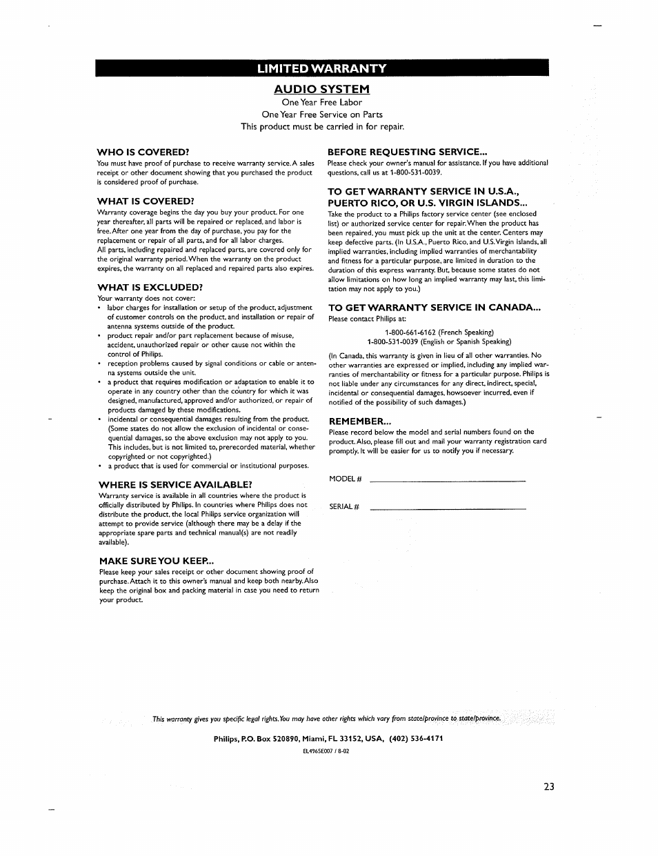 Limited warranty | Philips MC-320-37 User Manual | Page 23 / 24