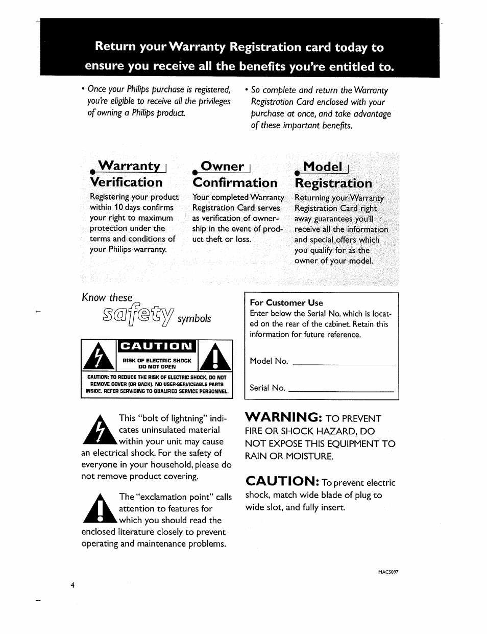 Warranty i verification, Owner i confirmation, Model i registration | Warning, Caution | Philips MC-320-37 User Manual | Page 4 / 24