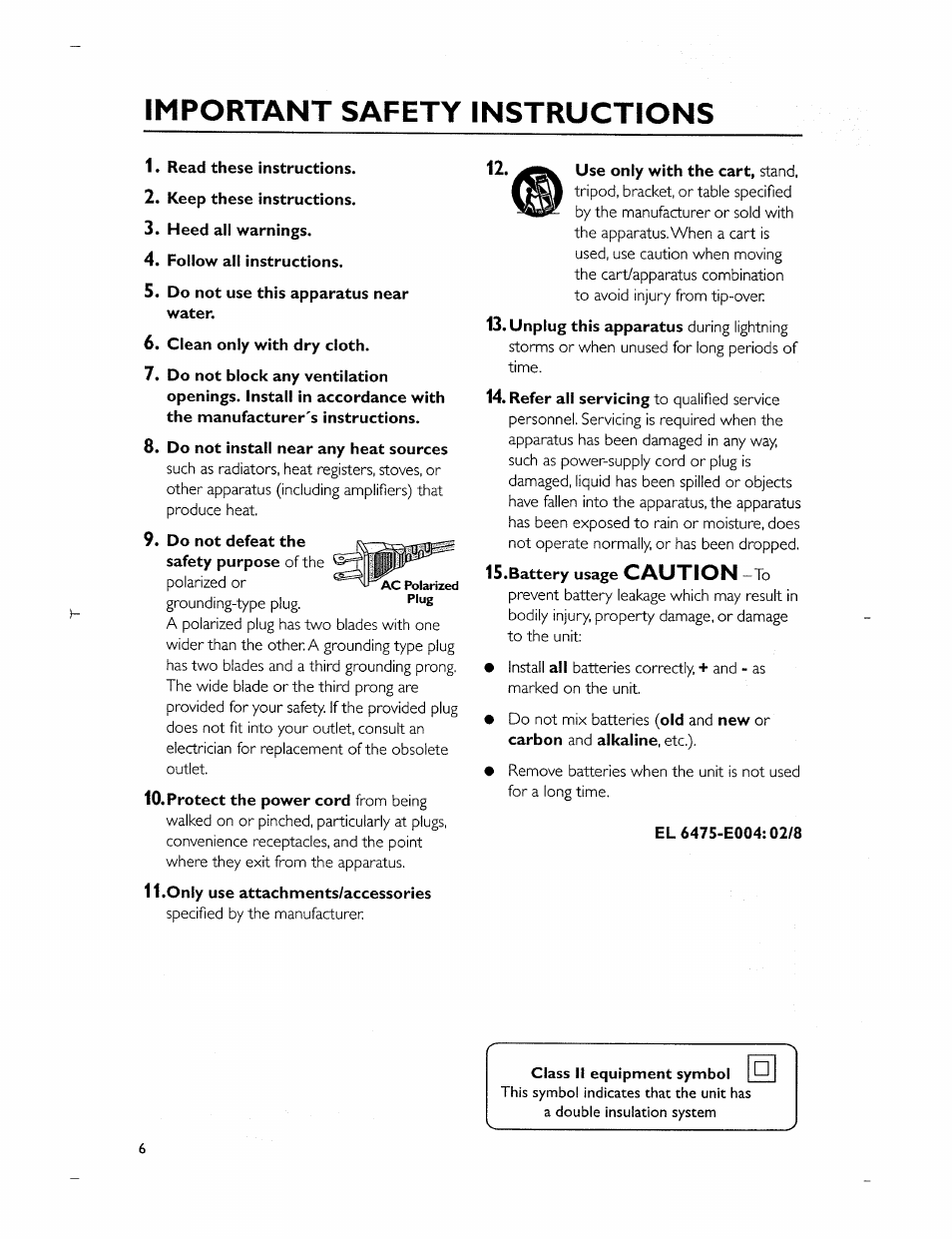 Important safety instructions, Caution | Philips MC-320-37 User Manual | Page 6 / 24