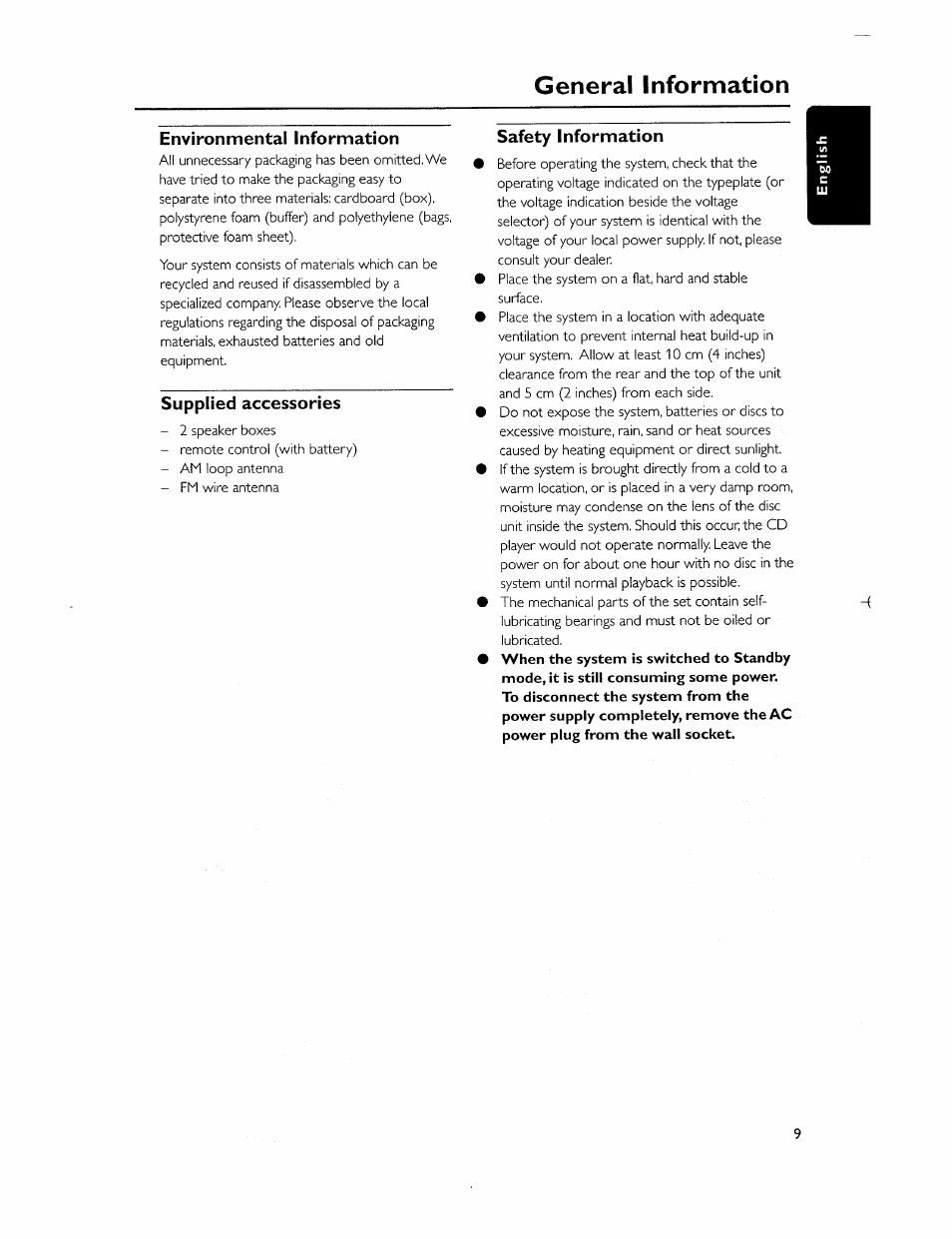 Environmental information, Supplied accessories, Safety information | General information | Philips MC-320-37 User Manual | Page 9 / 24