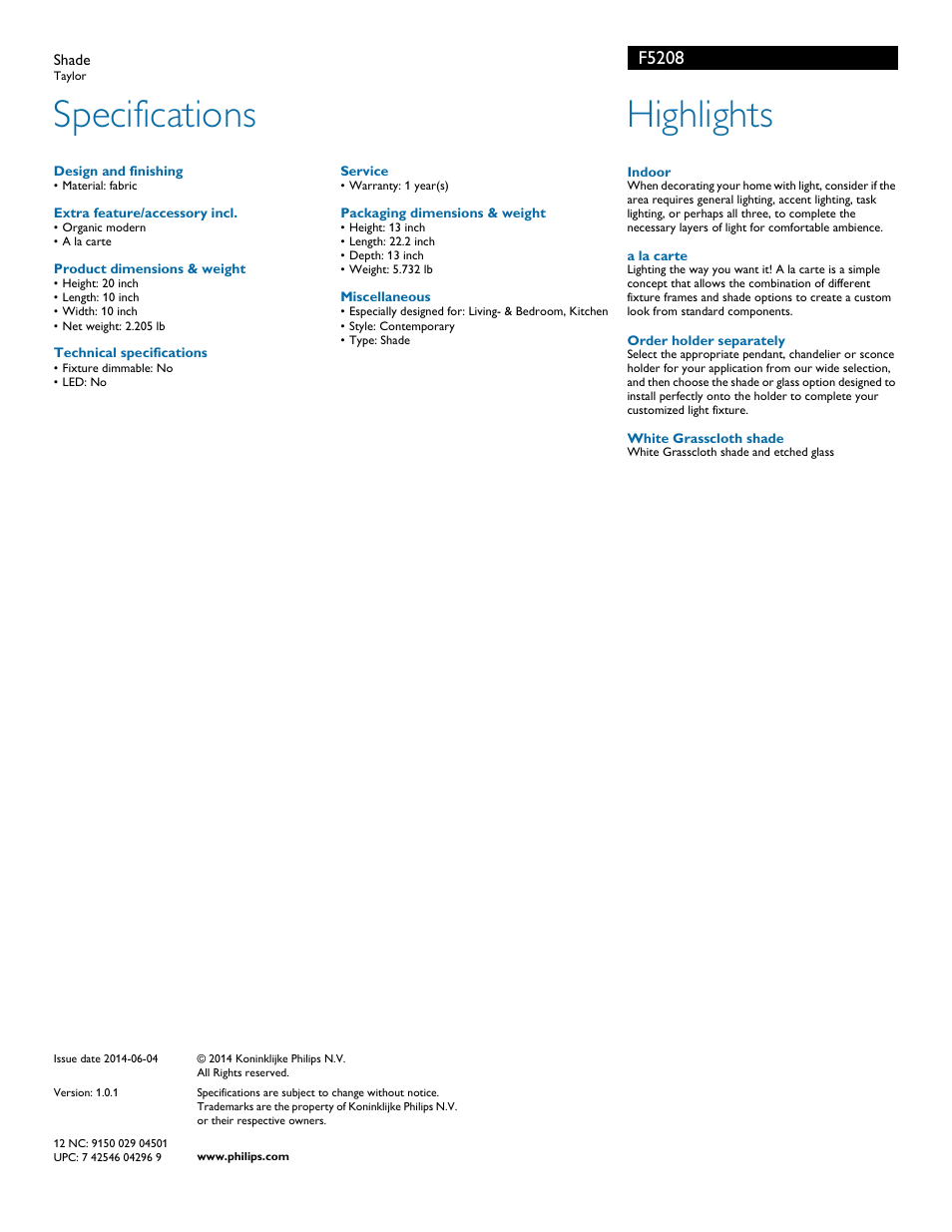 Specifications, Highlights, F5208 | Philips F5208 User Manual | Page 2 / 2