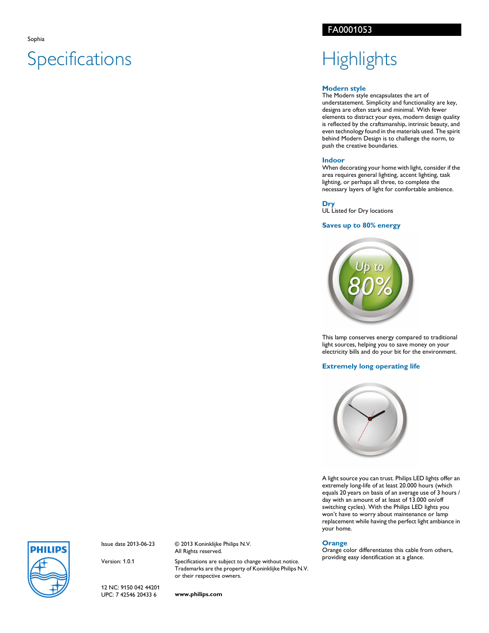 Specifications, Highlights | Philips FA0001053 User Manual | Page 2 / 2