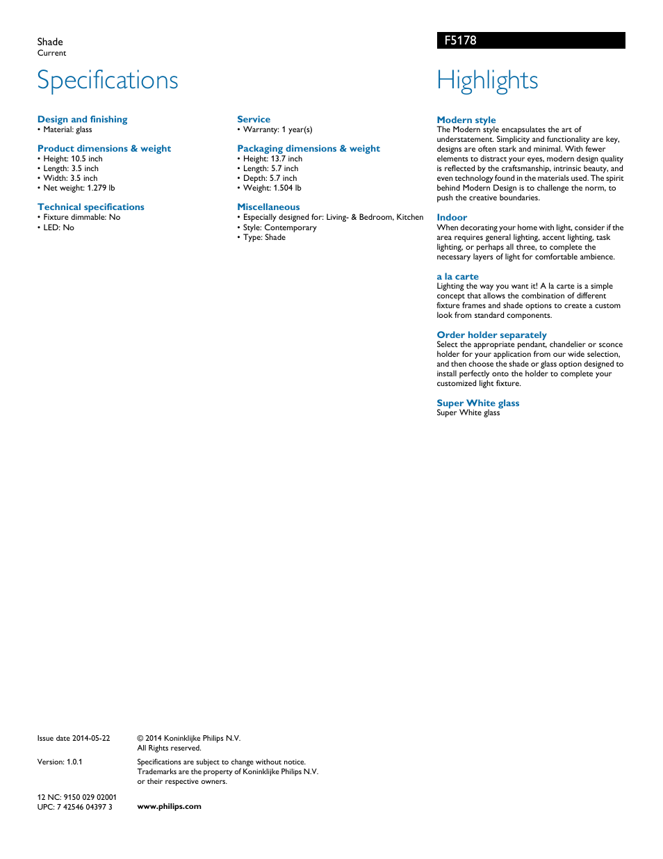 Specifications, Highlights, F5178 | Philips F5178 User Manual | Page 2 / 2