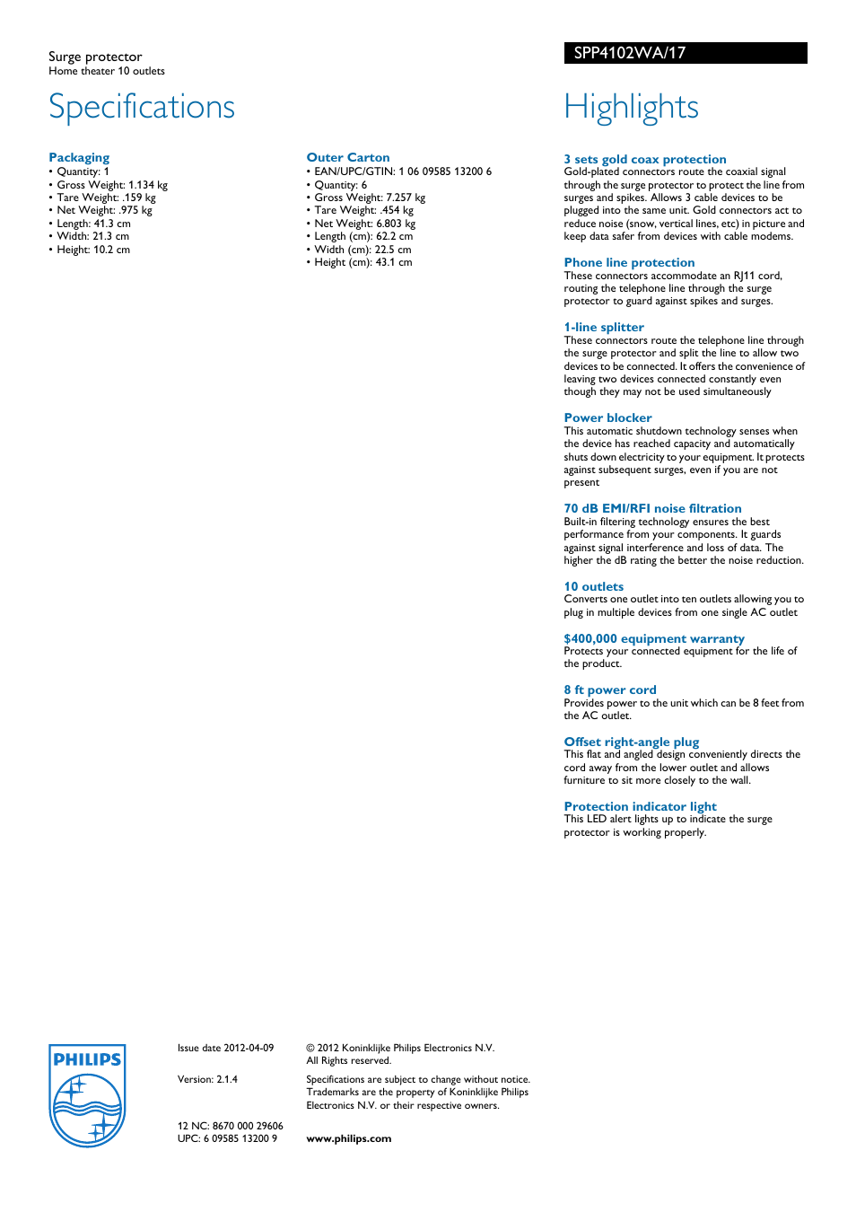 Specifications, Highlights | Philips SPP4102WA-17 User Manual | Page 2 / 2