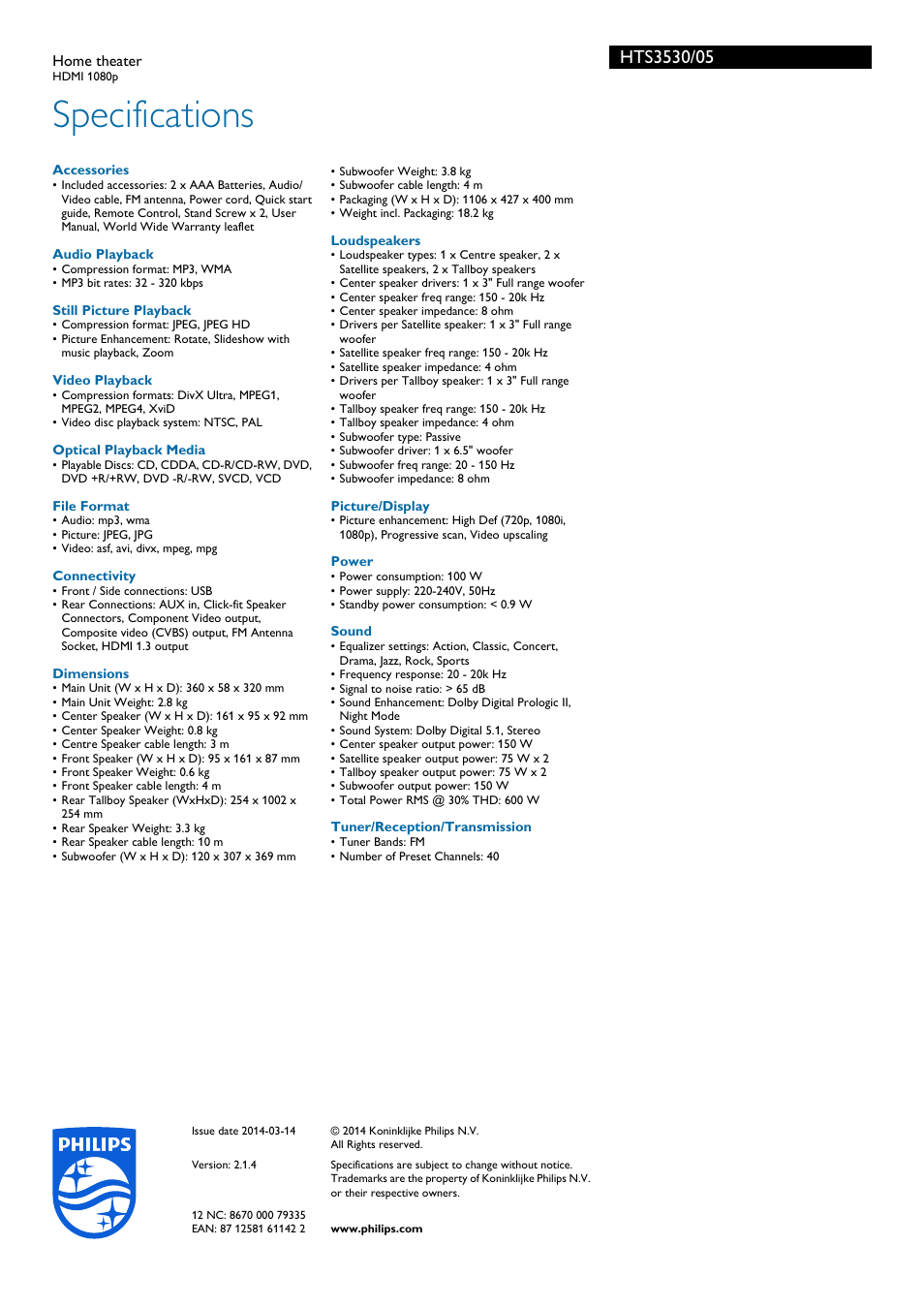 Specifications | Philips HTS3530-05 User Manual | Page 3 / 3