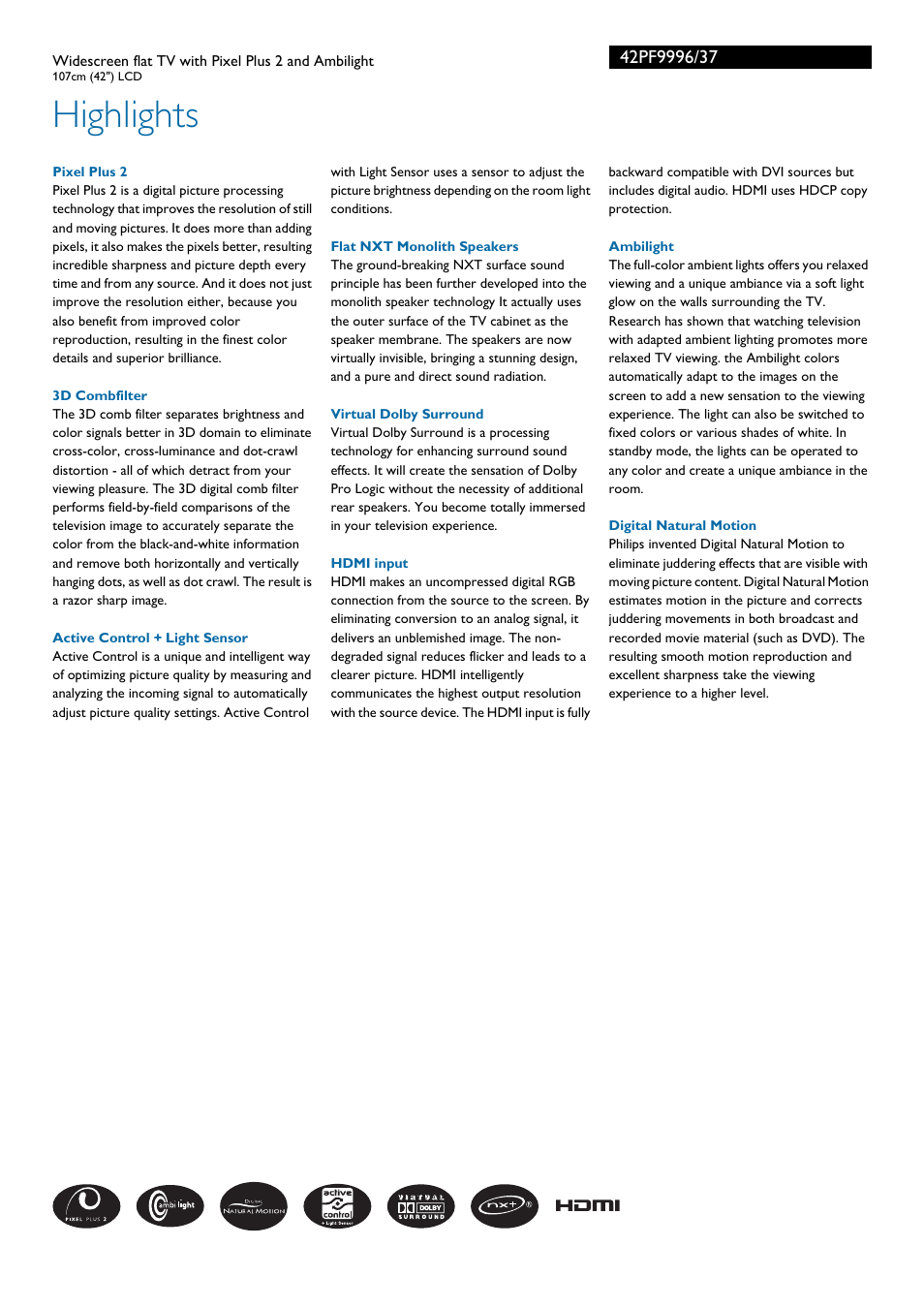 Highlights | Philips 42PF9996-37 User Manual | Page 2 / 3