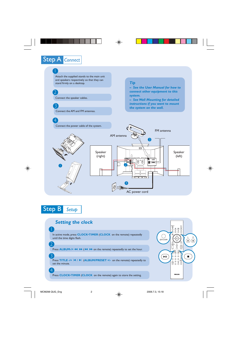 Setting the clock 1 2 3 4 | Philips MP3 Micro Hi-Fi System User Manual | Page 2 / 3