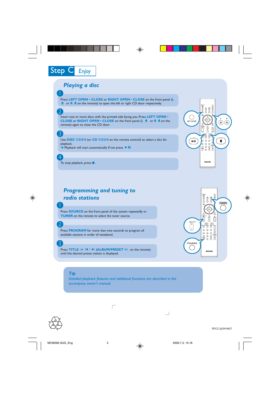Enjoy, Playing a disc 1 2 3 4, Programming and tuning to radio stations 1 2 3 | Philips MP3 Micro Hi-Fi System User Manual | Page 3 / 3