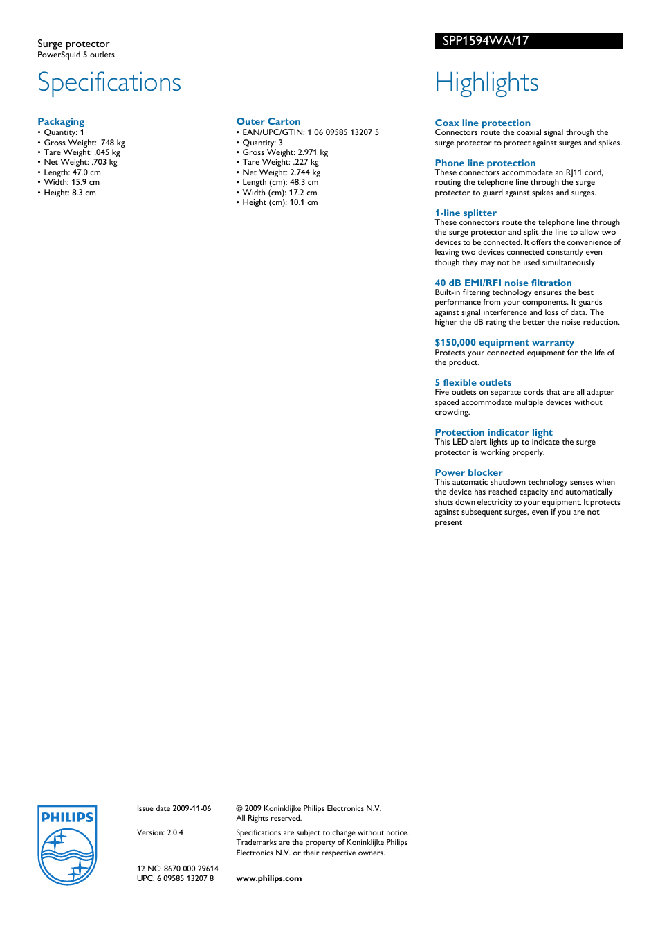 Specifications, Highlights | Philips SPP1594WA-17 User Manual | Page 2 / 2