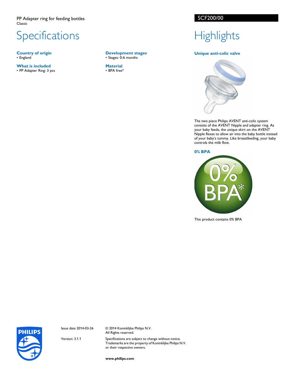 Specifications, Highlights | Philips SCF200-00 User Manual | Page 2 / 2