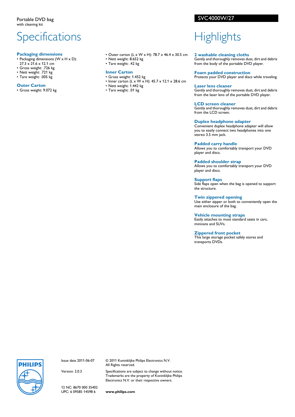 Specifications, Highlights | Philips SVC4000W-27 User Manual | Page 2 / 2