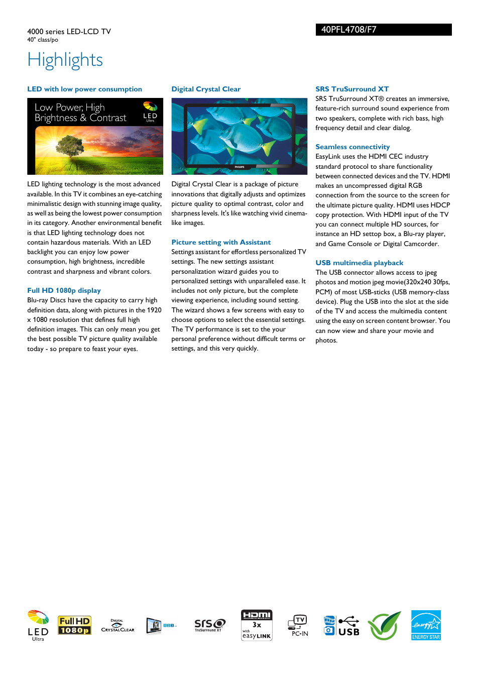 Highlights | Philips 40PFL4708-F7 User Manual | Page 2 / 3