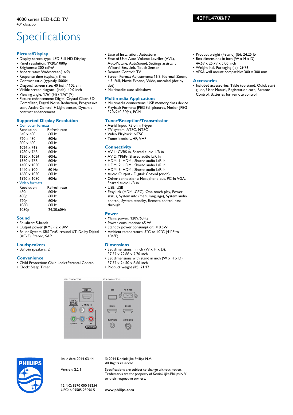 Specifications | Philips 40PFL4708-F7 User Manual | Page 3 / 3