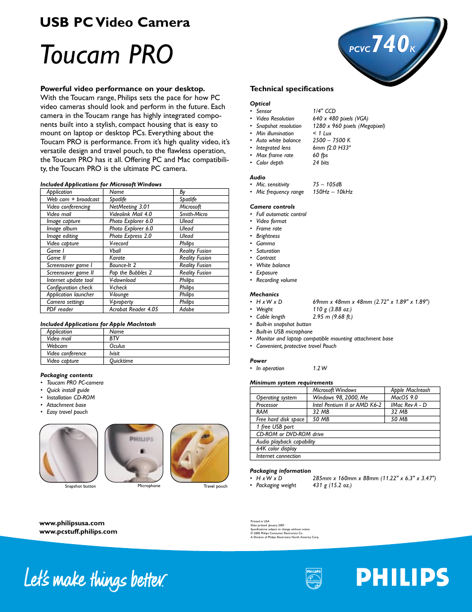 Toucam pro, Usb pc video camera, Pcvc | Kpcvc | Philips PCVC740 User Manual | Page 2 / 2