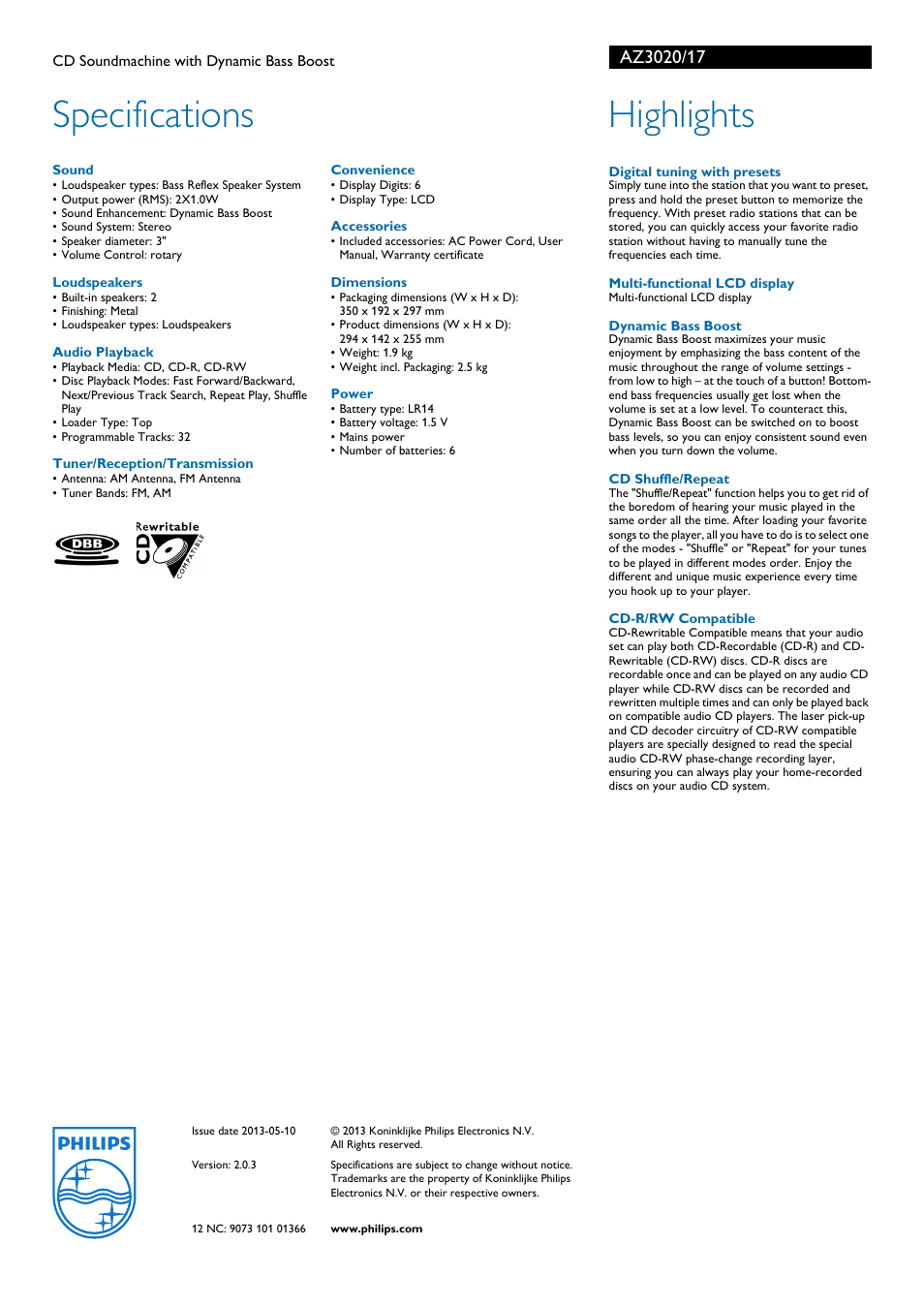 Specifications, Highlights | Philips AZ3020-17 User Manual | Page 2 / 2