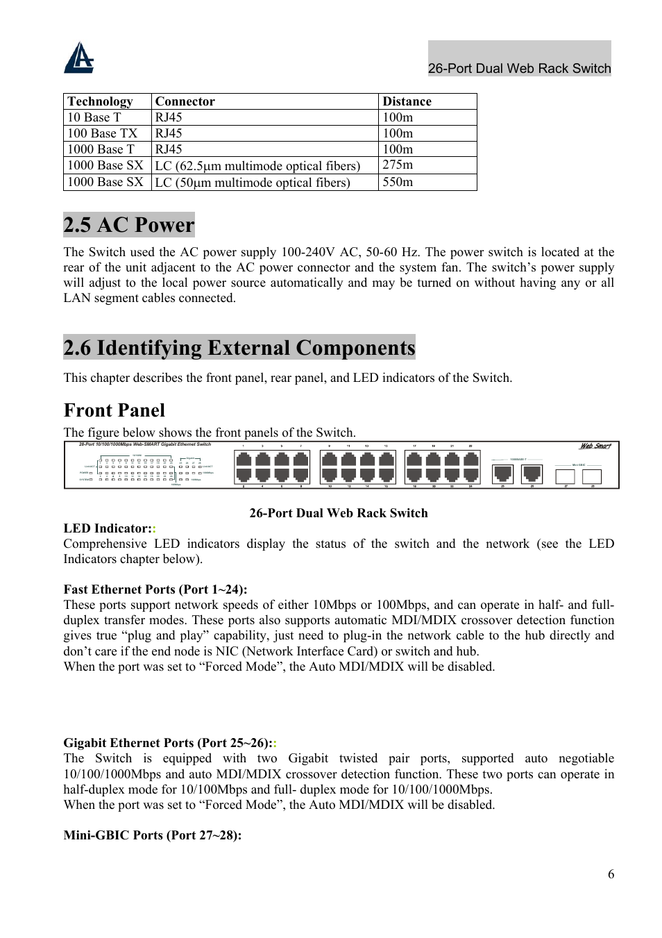 5 ac power, 6 identifying external components, Front panel | Port dual web rack switch 6 | Atlantis Land A02-F24-4G User Manual | Page 12 / 32