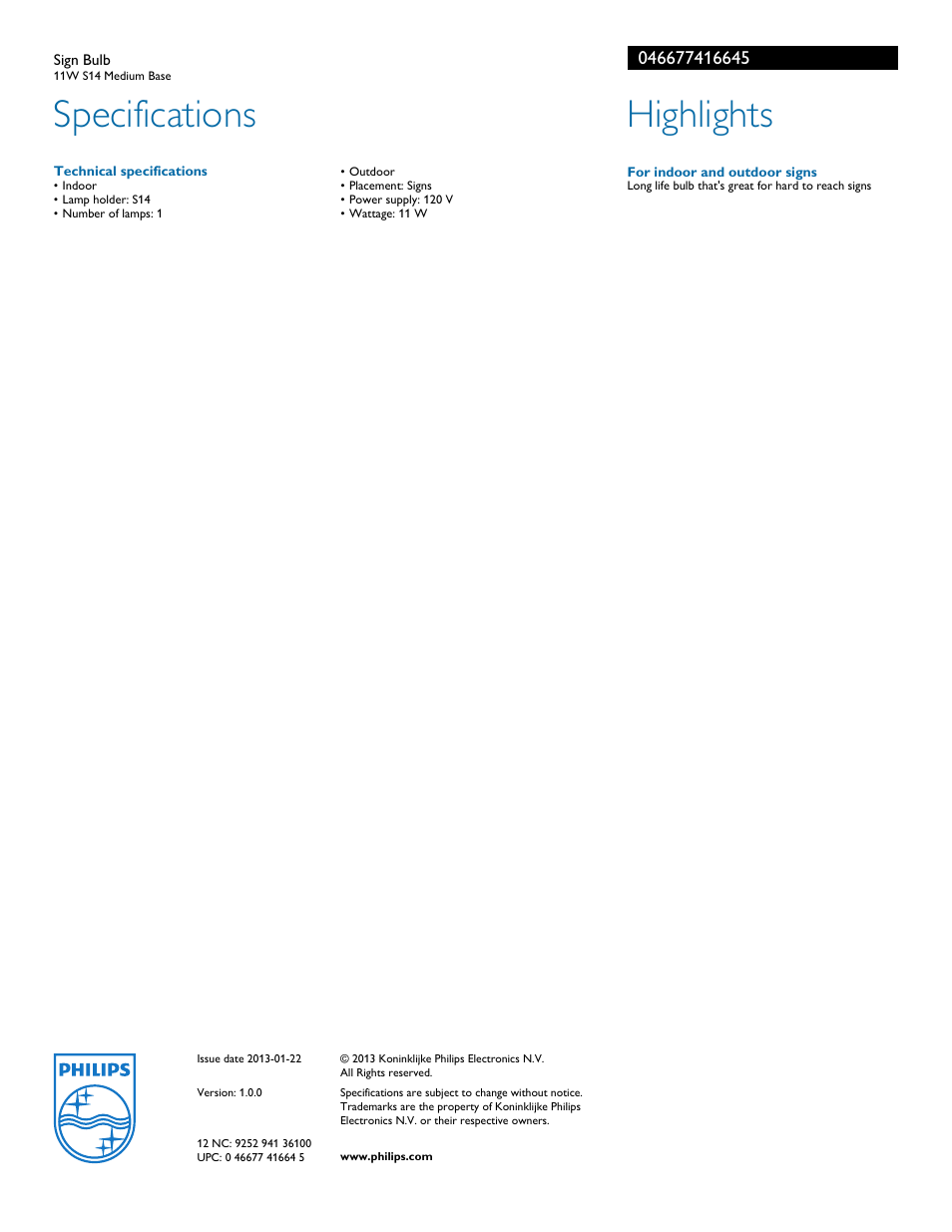 Specifications, Highlights | Philips 046677416645 User Manual | Page 2 / 2