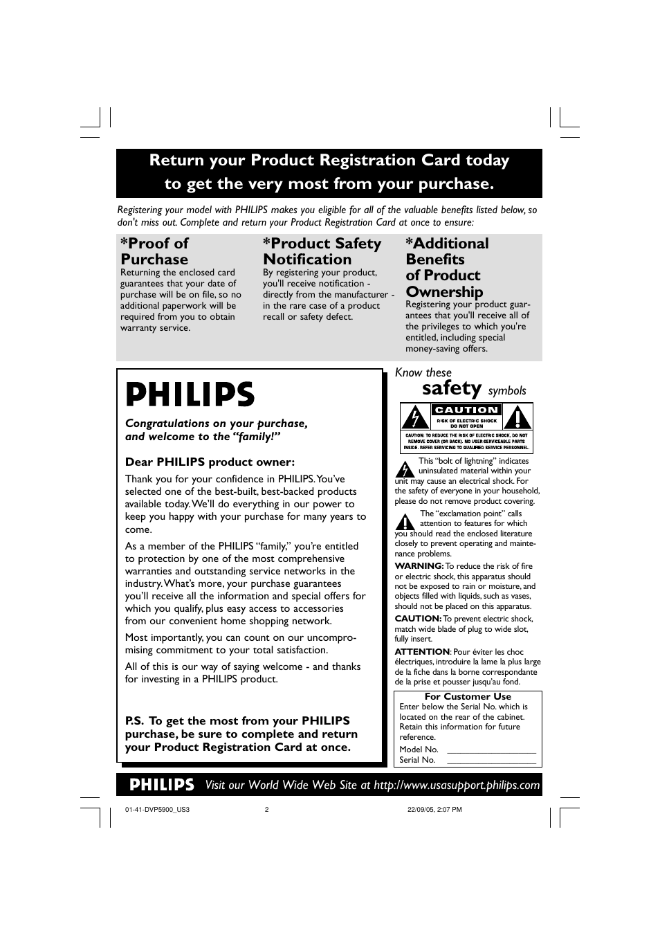 Safety, Proof of purchase, Product safety notification | Additional benefits of product ownership | Philips DVP5900-37 User Manual | Page 2 / 41