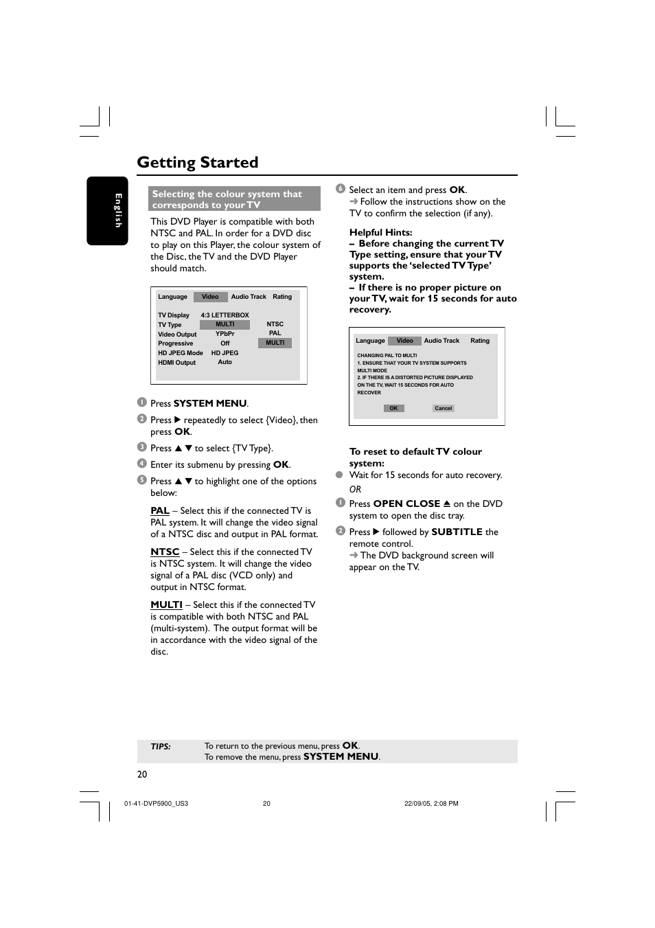 Getting started | Philips DVP5900-37 User Manual | Page 20 / 41