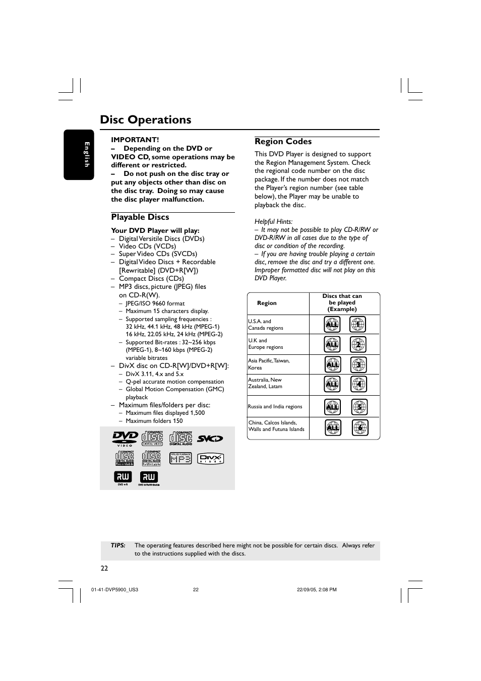 Disc operations, Playable discs, Region codes | Philips DVP5900-37 User Manual | Page 22 / 41