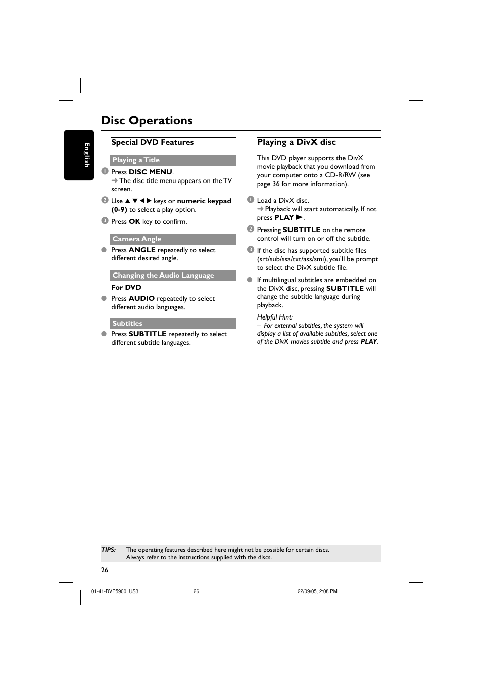 Disc operations | Philips DVP5900-37 User Manual | Page 26 / 41