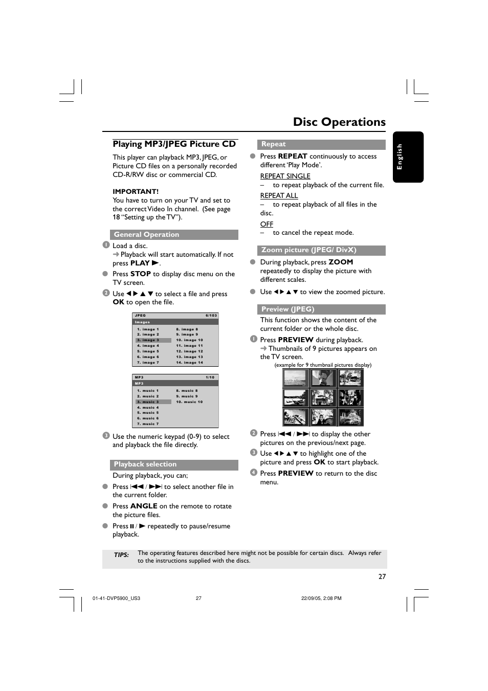 Disc operations, Playing mp3/jpeg picture cd | Philips DVP5900-37 User Manual | Page 27 / 41