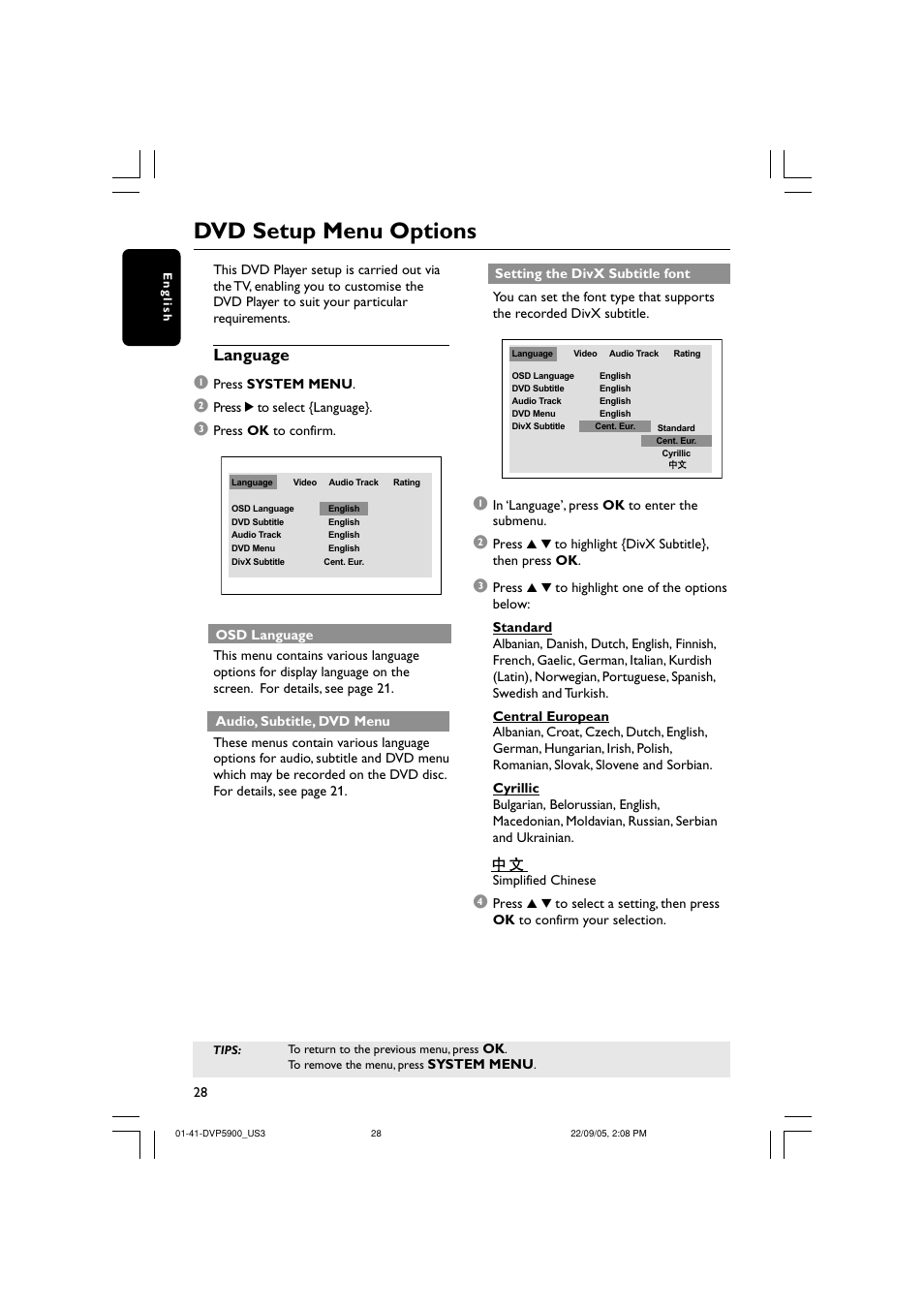 Dvd setup menu options, Language 1 | Philips DVP5900-37 User Manual | Page 28 / 41