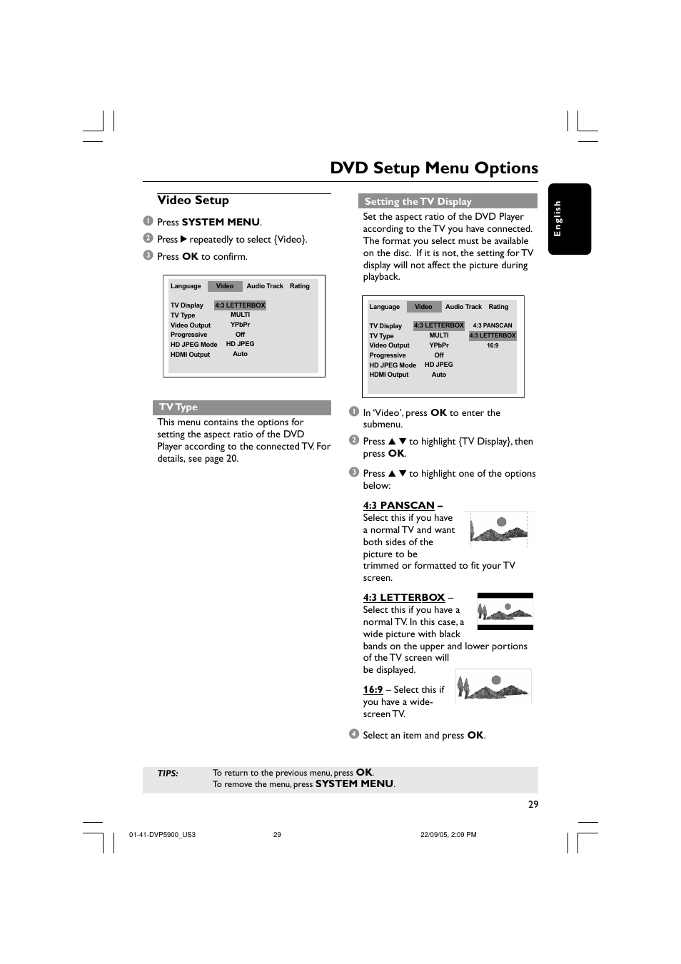 Dvd setup menu options, Video setup 1 | Philips DVP5900-37 User Manual | Page 29 / 41