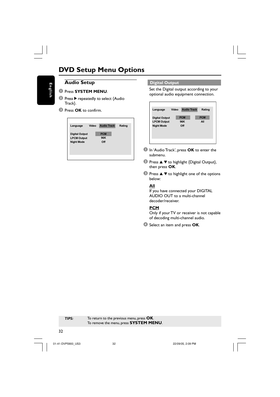 Dvd setup menu options, Audio setup 1 | Philips DVP5900-37 User Manual | Page 32 / 41