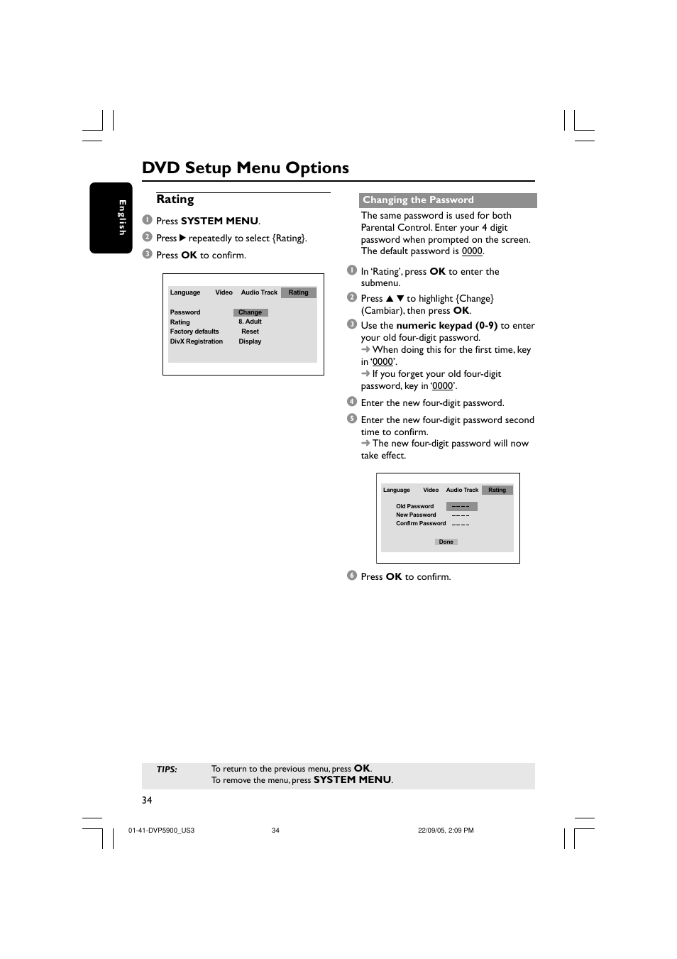 Dvd setup menu options, Rating 1 | Philips DVP5900-37 User Manual | Page 34 / 41