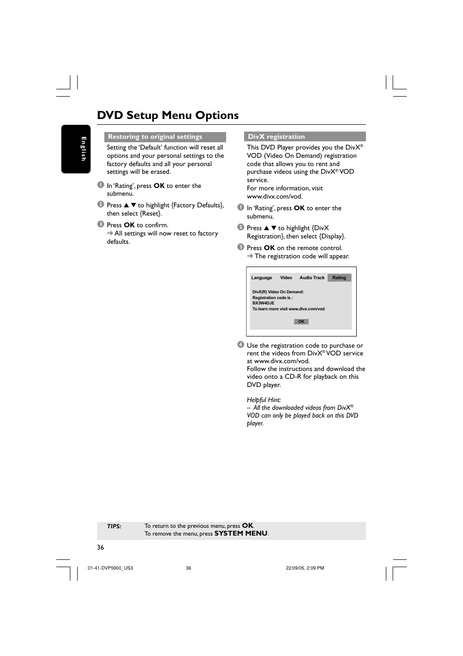 Dvd setup menu options | Philips DVP5900-37 User Manual | Page 36 / 41