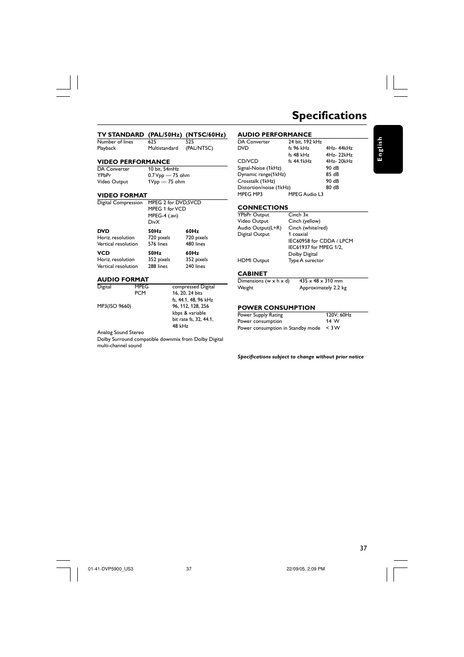 Specifications | Philips DVP5900-37 User Manual | Page 37 / 41