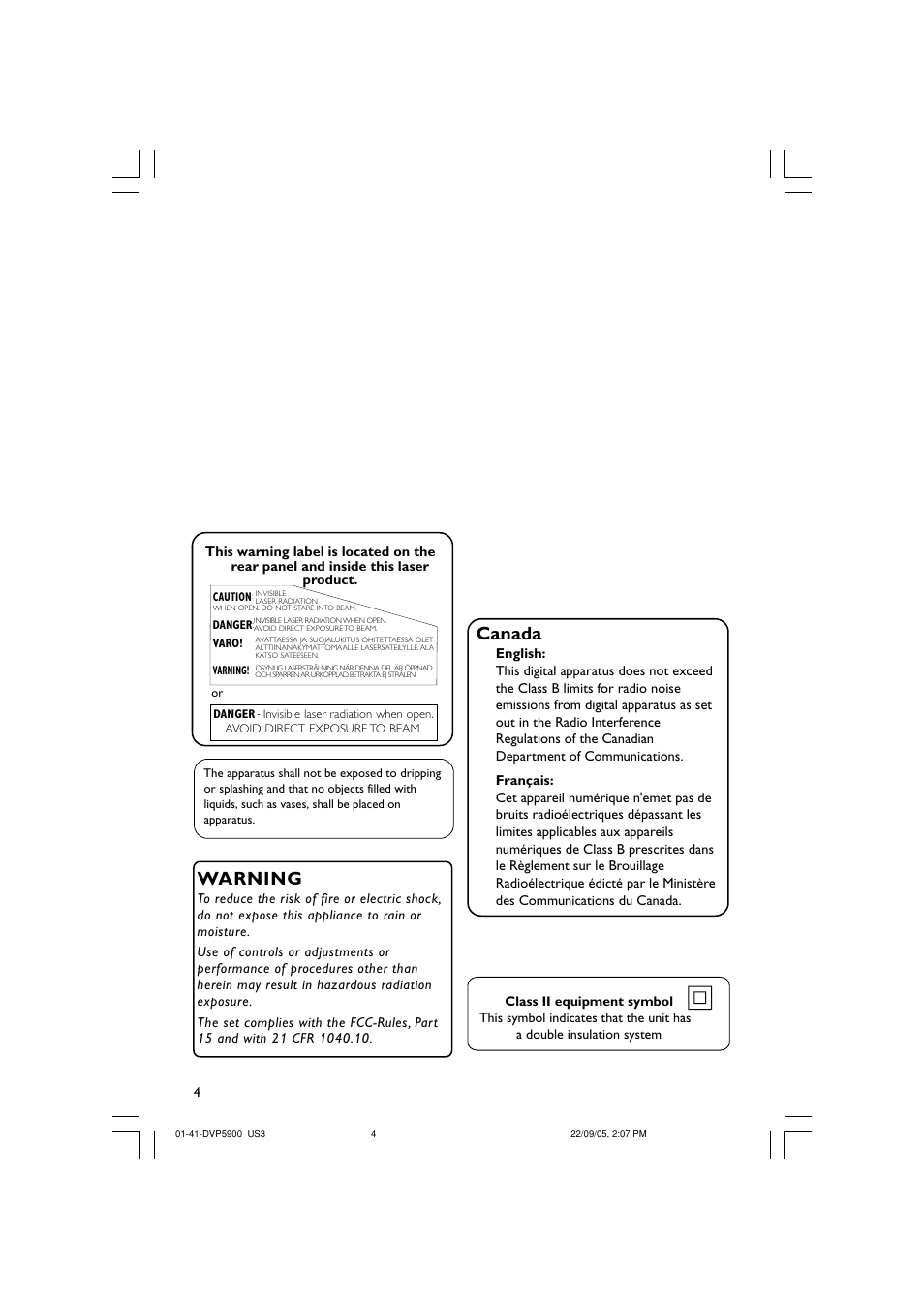 Canada, Warning | Philips DVP5900-37 User Manual | Page 4 / 41