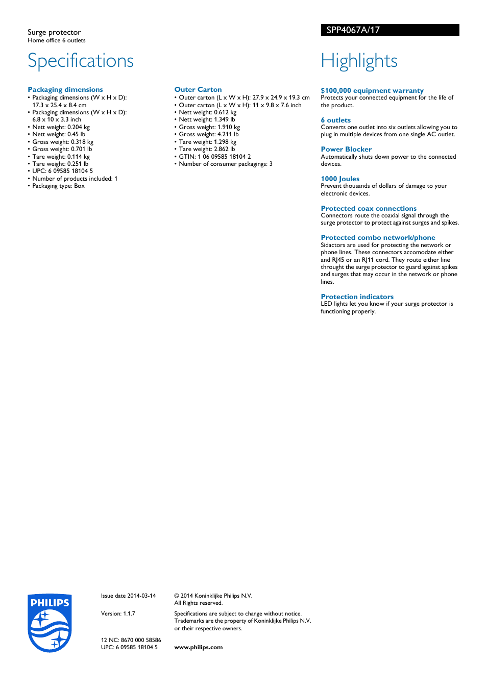 Specifications, Highlights | Philips Surge protector SPP4067A Home office 6 outlets User Manual | Page 2 / 2