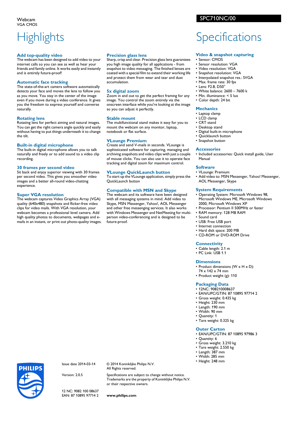 Highlights, Specifications | Philips SPC710NC-00 User Manual | Page 2 / 2