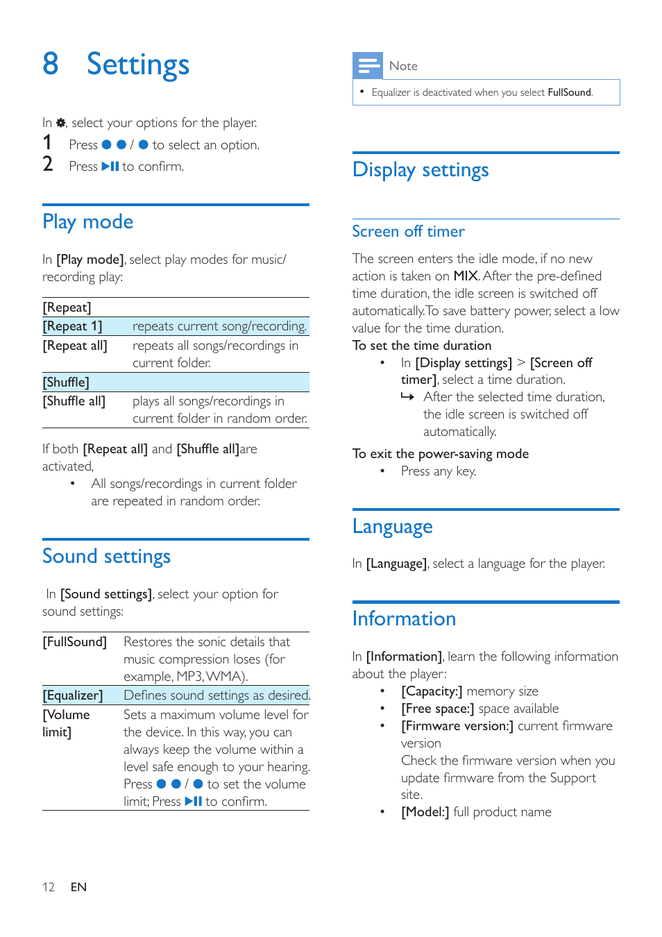 8 settings, Play mode, Sound settings | Display settings, Screen off timer, Language, Information, Language 12, Information 12 | Philips SA5MXX04KF-37 User Manual | Page 14 / 20