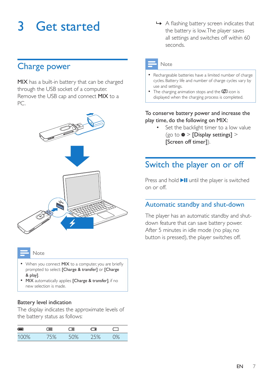 3 get started, Charge power, Switch the player on or off | Automatic standby and shut-down | Philips SA5MXX04KF-37 User Manual | Page 9 / 20