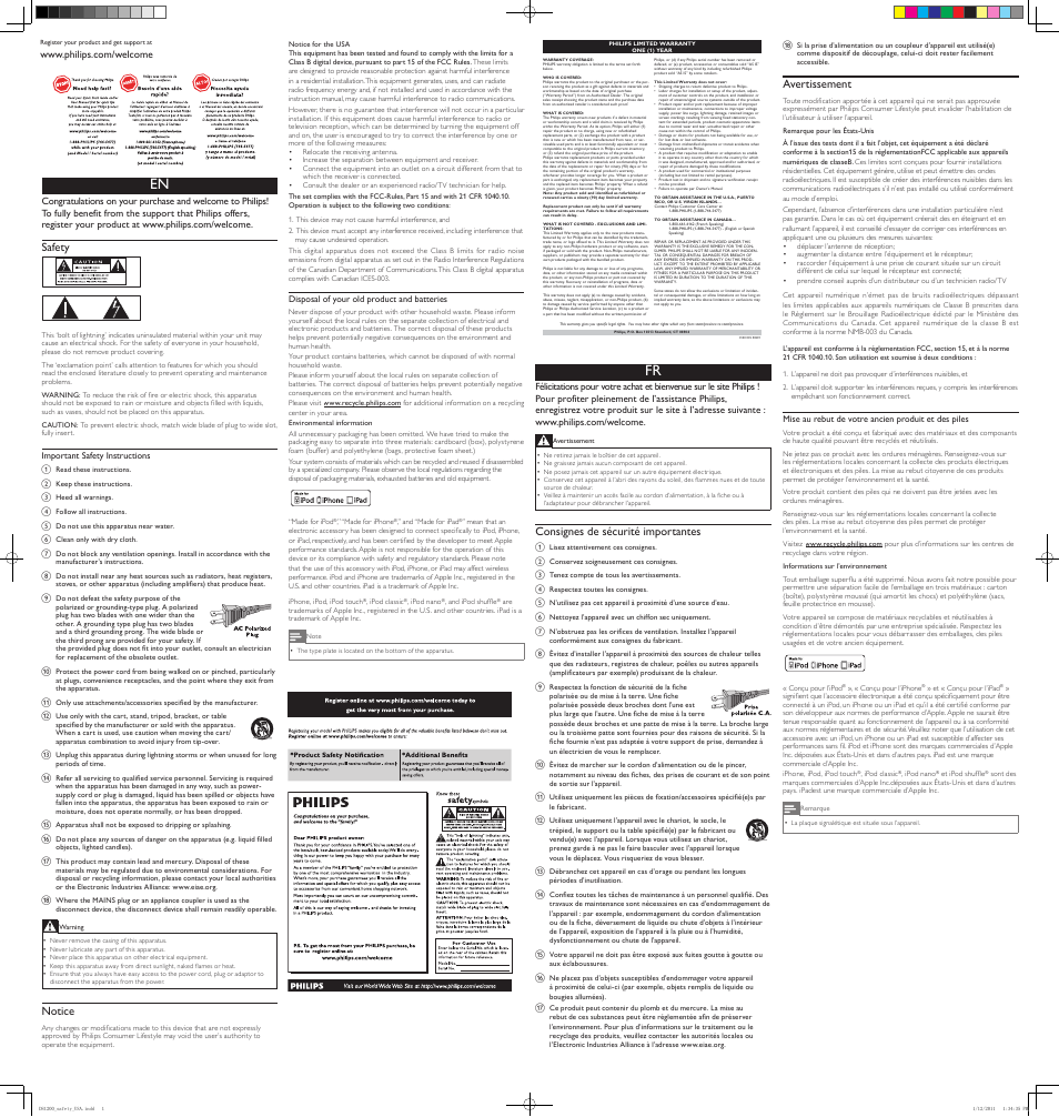 Philips docking speaker DS1200 for iPod-iPhone-iPad Clock display User Manual | 4 pages