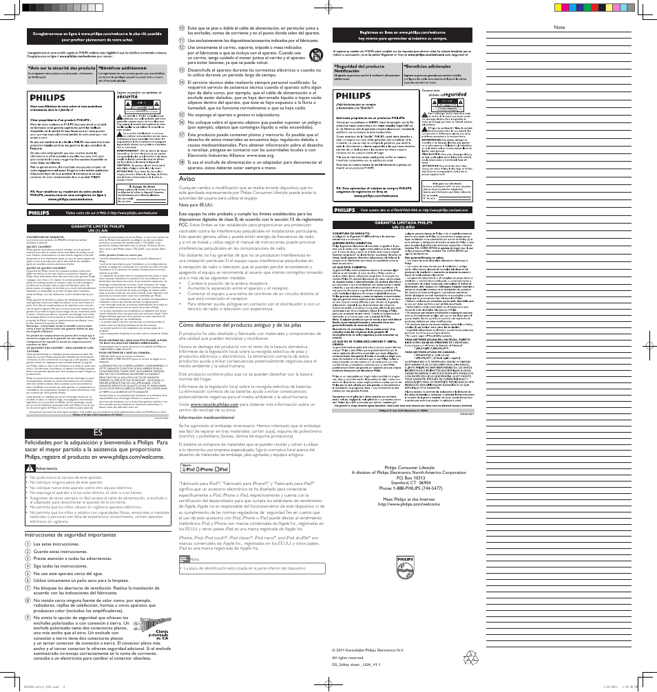 Philips docking speaker DS1200 for iPod-iPhone-iPad Clock display User Manual | Page 2 / 4