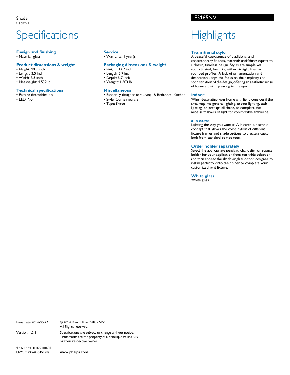 Specifications, Highlights, F5165nv | Philips F5165NV User Manual | Page 2 / 2