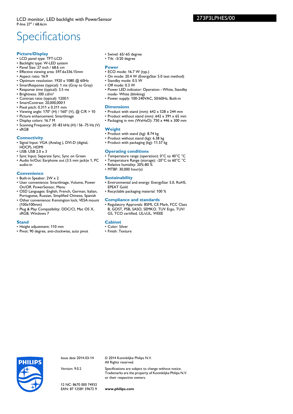 Specifications | Philips 273P3LPHES-00 User Manual | Page 3 / 3