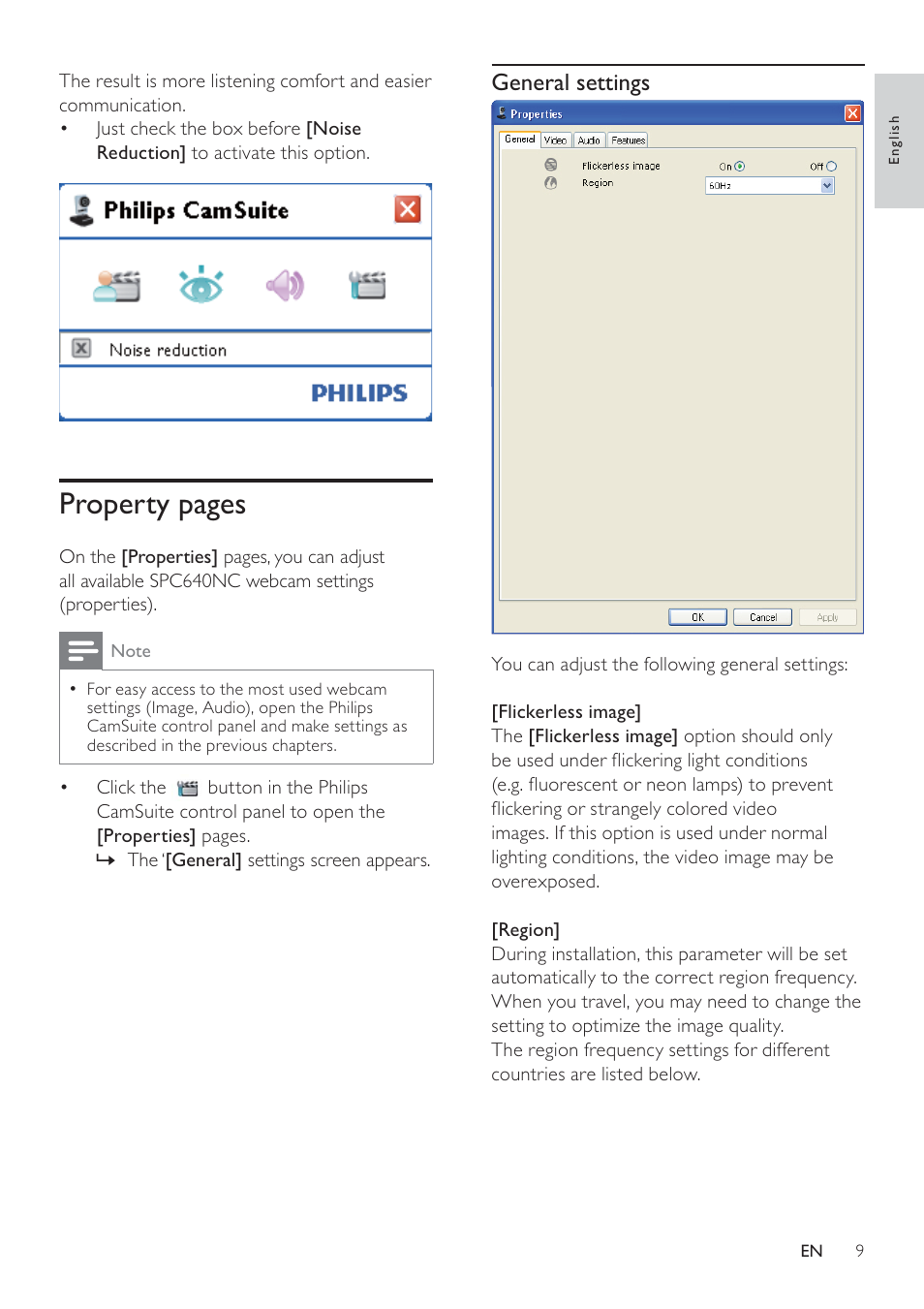 Property pages, General settings | Philips SPC640NC-00 User Manual | Page 10 / 22