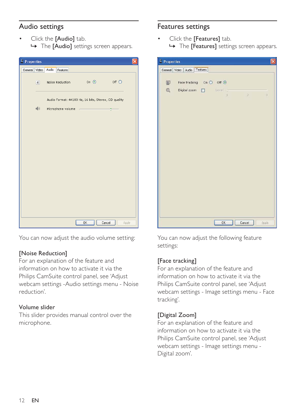 Features settings, Audio settings | Philips SPC640NC-00 User Manual | Page 13 / 22